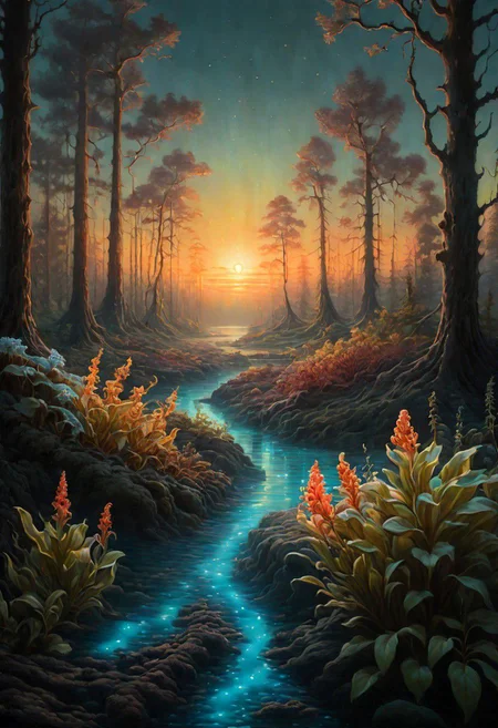 soft rustle of the sunset, extremely detailed oil painting, an oil painting, american scene painting, old book style illustration,  lush, mysterious, bioluminescent, serene, digital mirrorless camera, capturing the vibrant colors and unique textures of the environments