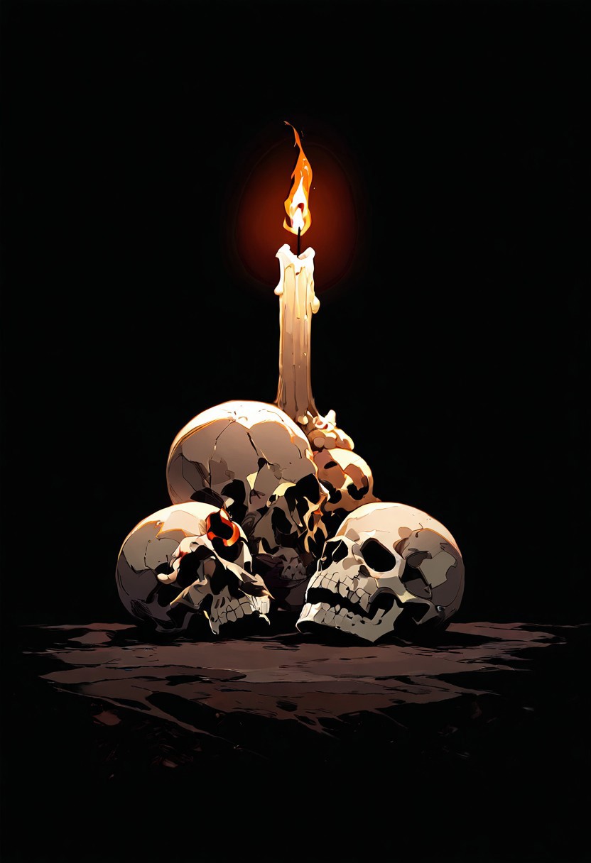 masterpiece, very aesthetic, absurdres, newest, illustration, 2balls1shaft, still life, simple background, dark background, table, two skulls, candle, flame, dramatic lighting,