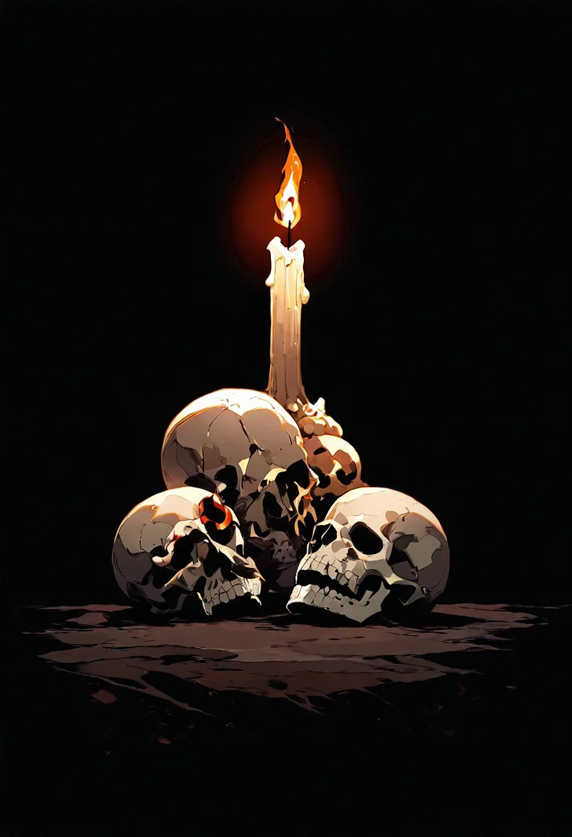 masterpiece, very aesthetic, absurdres, newest, illustration, 2balls1shaft, still life, simple background, dark background, table, two skulls, candle, flame, dramatic lighting,