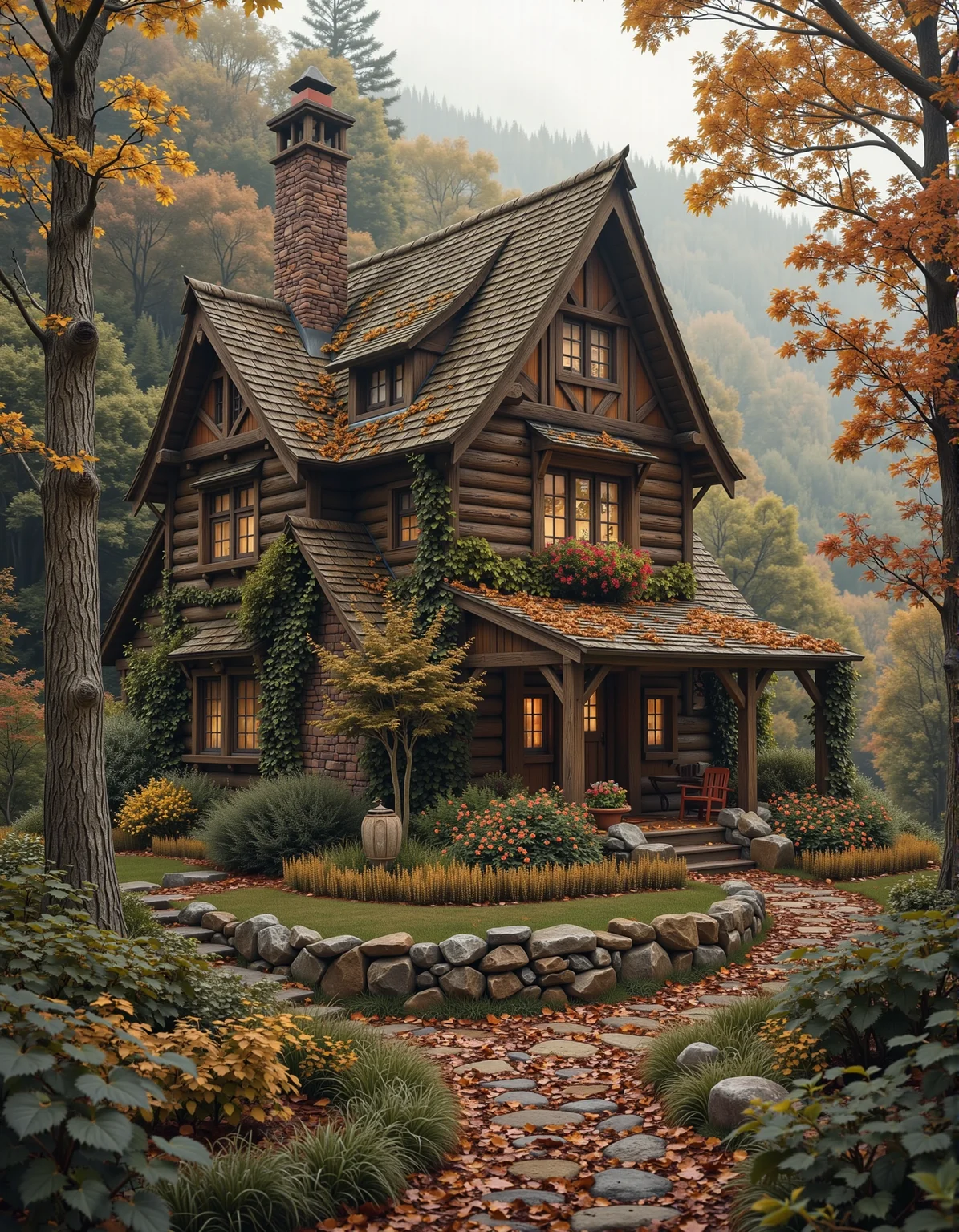 A photograph of a cute house on the mountainside. Hires photo taken with a DSLR camera. <lora:autumncore:0.6> autumncore <lora:Cottagecore_Flux:0.4> c0ttagec0re