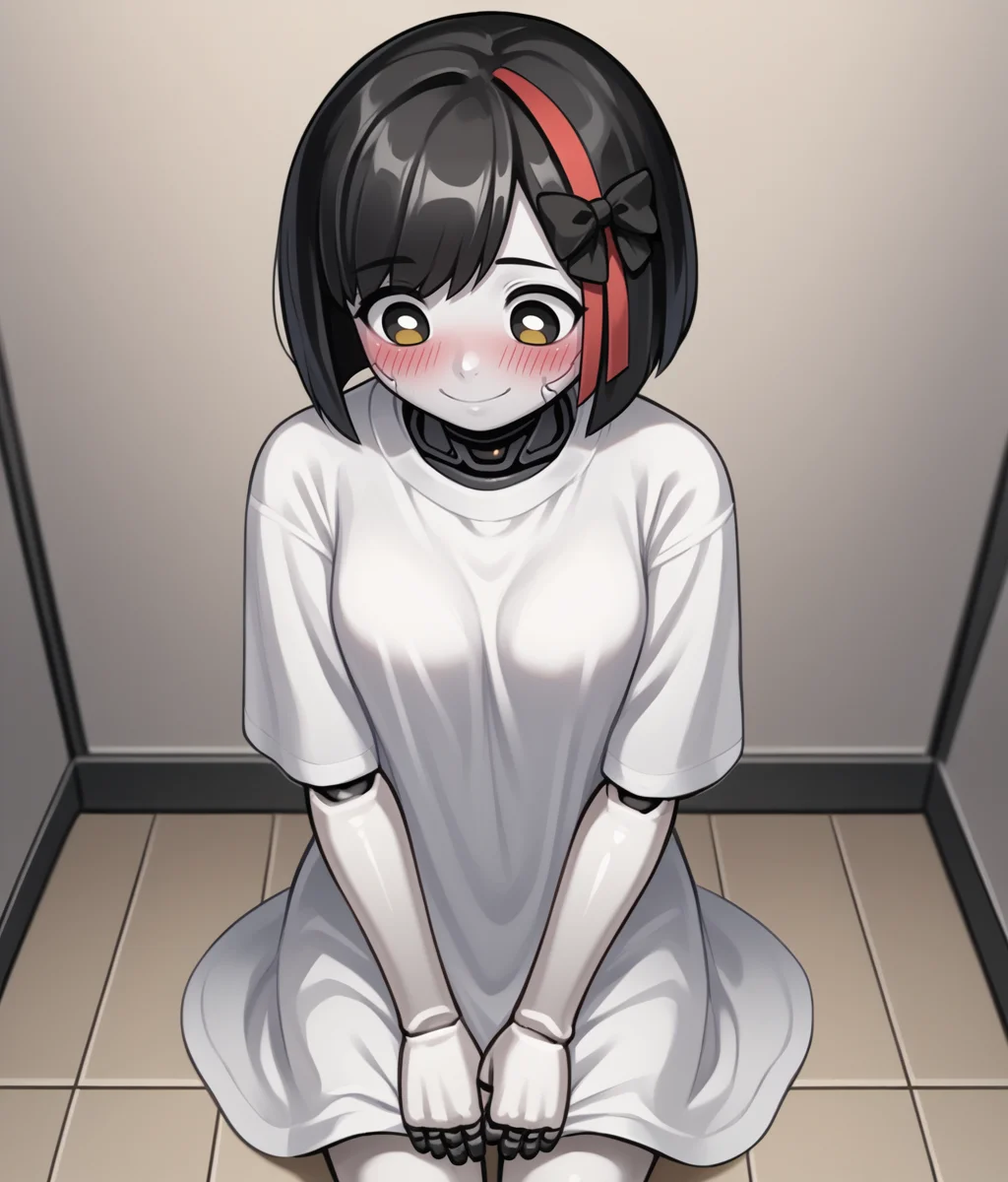MDRG, 1girl, long shirt, blush smile,shy, looking down, from above, white skin, joints, black hair bow, <lora:MDRG:1.0>