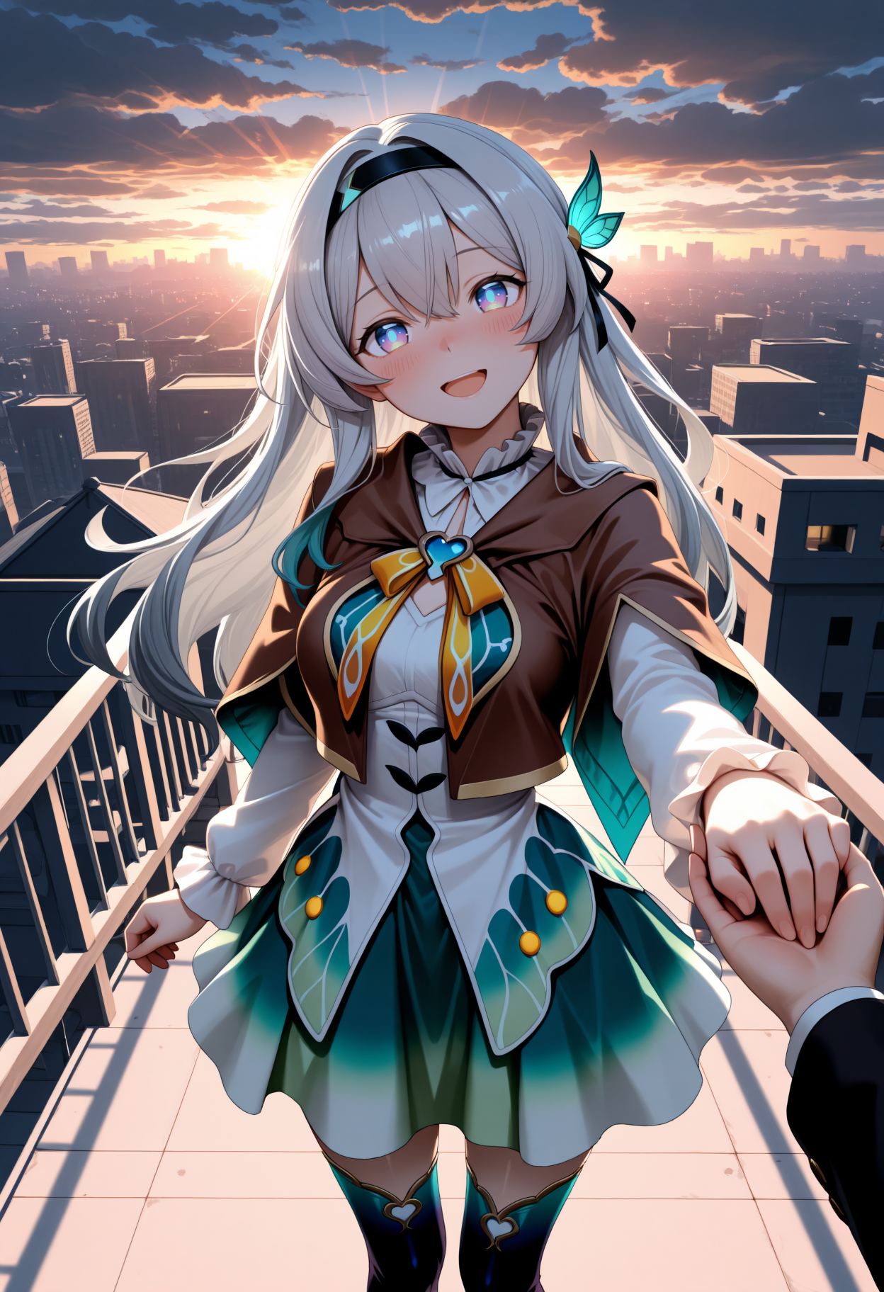 masterpiece, best quality, 1girl, solo, F1reflyDF, blue pupils, purple eyes, blue eyes, grey hair, multicolored hair, long hair, black hairband, hair ornament, brown capelet, frilled collar, white blouse, long sleeves, two-tone overskirt, green skirt, gradient thighhighs, outdoors, cityscape, rooftop, sunset, cloudy sky, backlighting, sunbeam, blush, reaching towards viewer, pov hand, holding hand, smile, :d, open mouth, head tilt, <lora:ChamFireflyNoob:1>