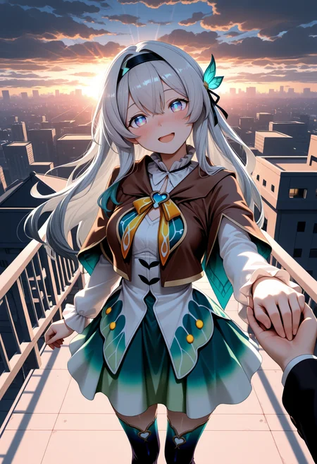 masterpiece, best quality, 1girl, solo, F1reflyDF, blue pupils, purple eyes, blue eyes, grey hair, multicolored hair, long hair, black hairband, hair ornament, brown capelet, frilled collar, white blouse, long sleeves, two-tone overskirt, green skirt, gradient thighhighs, outdoors, cityscape, rooftop, sunset, cloudy sky, backlighting, sunbeam, blush, reaching towards viewer, pov hand, holding hand, smile, :d, open mouth, head tilt, <lora:ChamFireflyNoob:1>