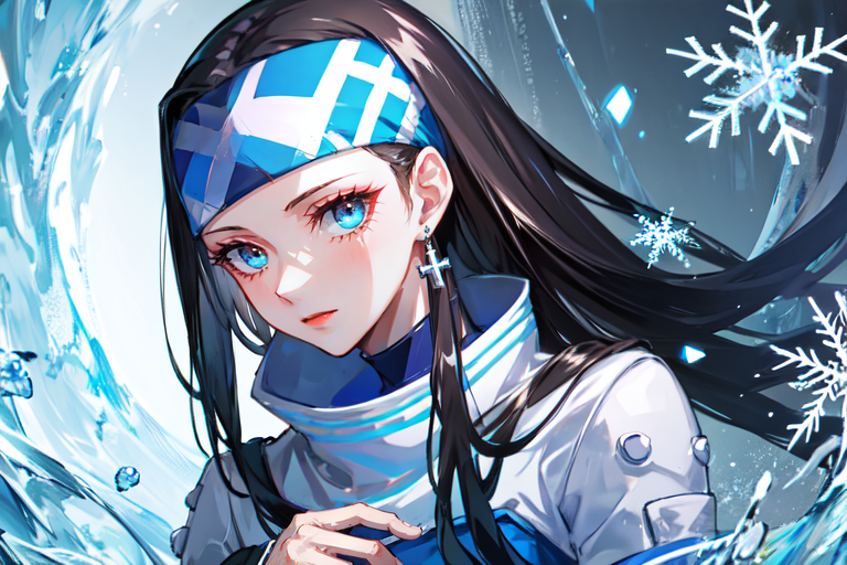 highly insanely detailed, masterpiece, top quality, best quality, highres, 4k, 8k, RAW photo, (very aesthetic, beautiful and aesthetic),  
beth_\(megami_tensei\),bethsmtii,shin megami tensei ii,long hair,black hair,straight hair,sleek black,jewelry,cross,headband,red_lipstick,Blue_dress,armored_corset,blue shirt, 
<lora:zs_Beth:0.7>, 
(1girl:1.3), 1other, 
(beautiful detailed glow,beautiful detailed ice,beautiful detailed water,snowflake),âââ