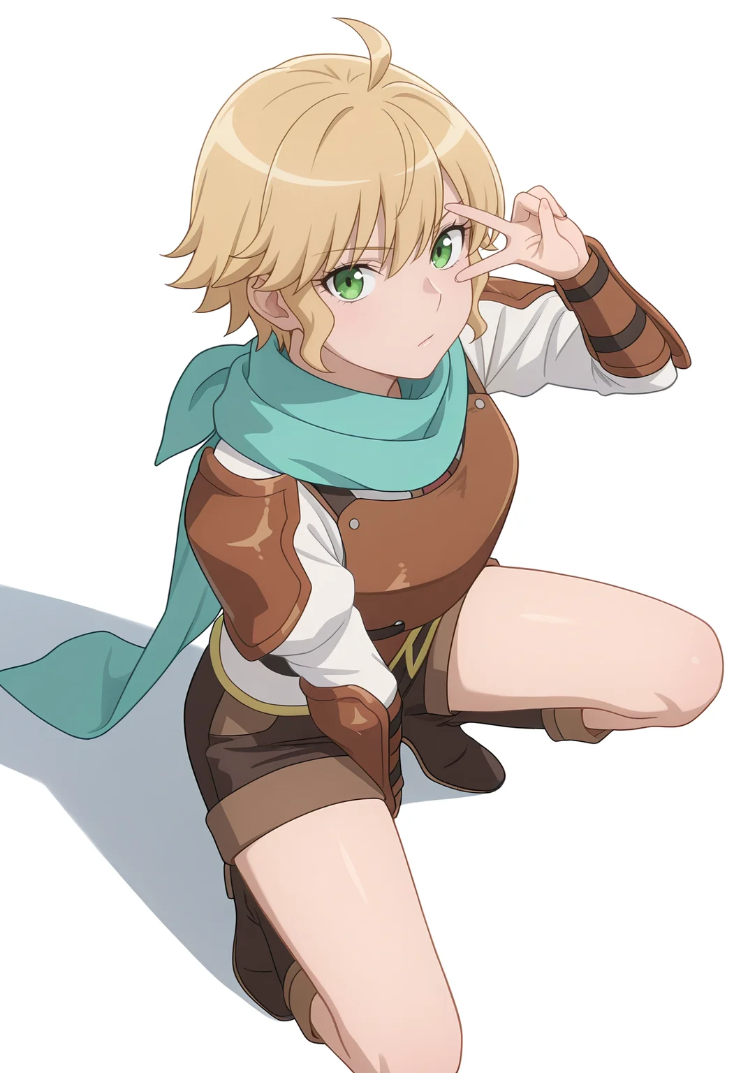 Smooth Quality,masterpiece,very intricate, high quality details, ultra realistic, high detailed skin,
simple background, white background,
from above,uwu,v over eye,crouching pose, hands clasped, one foot forward, intense gaze, ready-to-move posture,  ,
 <lora:Rembrandt_Yunocnn:0.8> rembrandtyuno/cnn, blonde hair, solo, green eyes,1girl,aqua scarf, 
armor, shorts,boots,