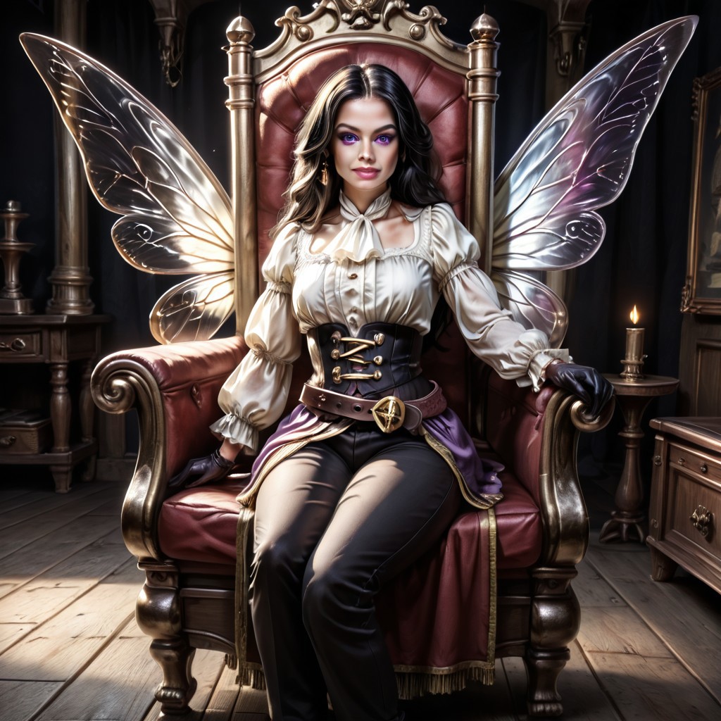 Action scene, Photo realistic, hyper realistic, score_9, rating_safe, solo (arch fey woman, (beautiful detailed face), (violet eyes), (bronze metallic gold skin ral-polishedsteel), (pirate, white blouse, black pants, gloves), (fairy wings), (long black hair), ((thick thighs | large muscles)), (sword belt)), standing next to a throne, in a detailed throne room, hi res, hi quality, 4k, realism