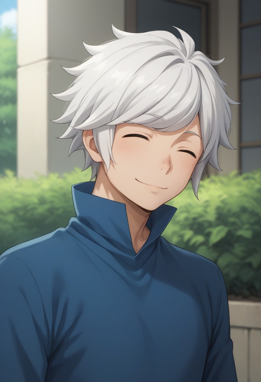 score_9, score_8_up, score_7_up, source_anime, highly detailed, 
belcranel,  1boy, male focus, solo, white hair, closed eyes, shirt, blue shirt, high collar, upper body, smile, 
outdoor,