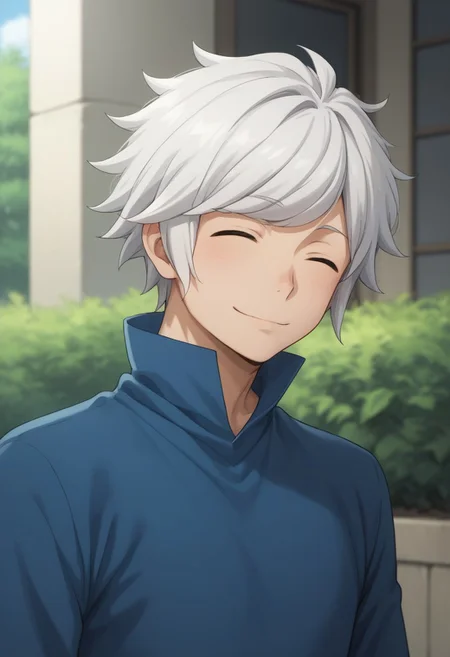 score_9, score_8_up, score_7_up, source_anime, highly detailed,
belcranel, 1boy, male focus, solo, white hair, closed eyes, shirt, blue shirt, high collar, upper body, smile,
outdoor,