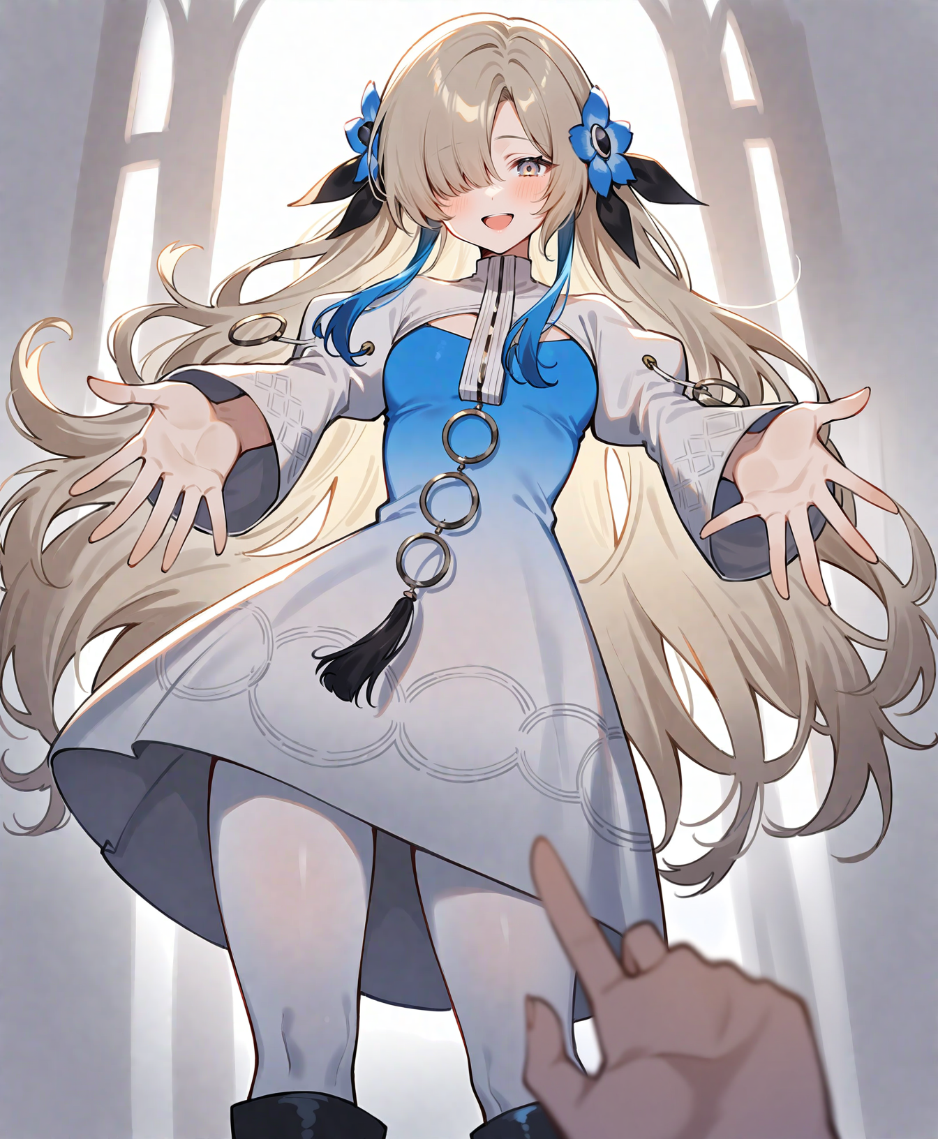 1girl, isekaijoucho, isekai joucho,
blue hair flower, gray wavy long hair, hair over one eye, multicolored hair, white blue two-tone dress, blue white gradient dress, puffy long sleeves, white pantyhose, high heel boots,
reaching, reaching towards viewer, outstretched arms, close-up, portrait, pov, foreshortening, yandere,
masterpiece, best quality, very aesthetic, safe,
<lora:neg4all_bdsqlsz_xl_V91:1>,   <lora:Isekaijoucho_anmgn31_D-B:0.6>