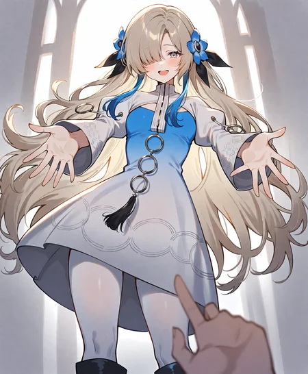 1girl, isekaijoucho, isekai joucho,
blue hair flower, gray wavy long hair, hair over one eye, multicolored hair, white blue two-tone dress, blue white gradient dress, puffy long sleeves, white pantyhose, high heel boots,
reaching, reaching towards viewer, outstretched arms, close-up, portrait, pov, foreshortening, yandere,
masterpiece, best quality, very aesthetic, safe,
<lora:neg4all_bdsqlsz_xl_V91:1>, <lora:Isekaijoucho_anmgn31_D-B:0.6>
