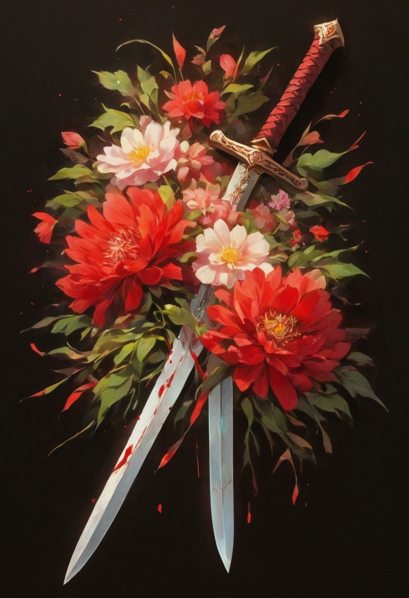 bloodied weapon, flower, sword, petals, no one, black background, red theme, still life