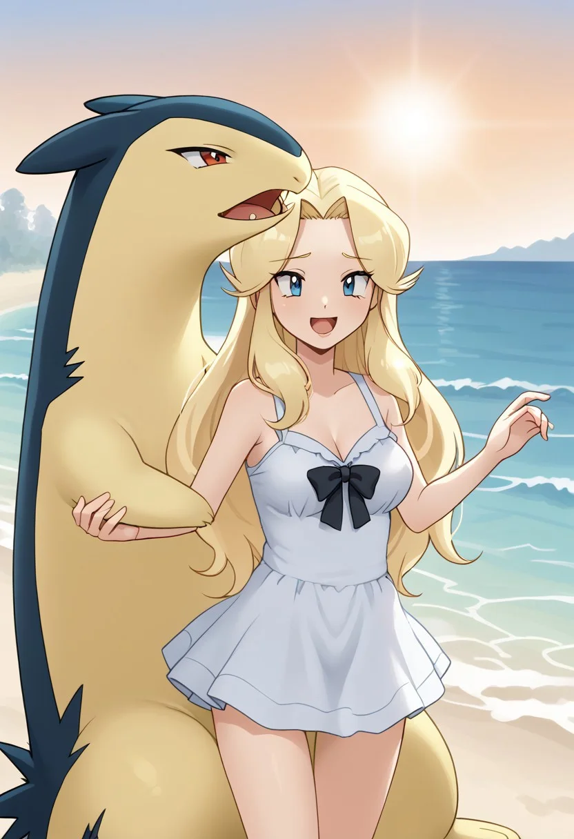 (source_anime, score_9, score_8_up, score_7_up:1), (portrait:1.8), pmandgal, (rating_safe:1.8), 1girl, 1boy, typhlosion, trainerallie, side by side, (large breasts, pink lips:0.75), sun dress, outdoors, beach, looking at viewer, pokemon \(classic anime\), anime screencap