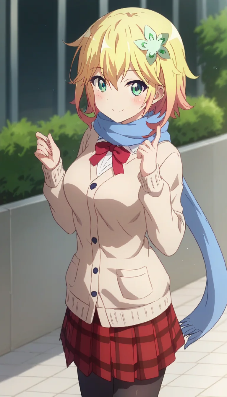 score_9,score_8_up,score_7_up,score_6_up BREAK official art,solo,outdoors,cowboy shot,looking at viewer,facing viewer,smile,blush,Tapris Sugarbell Chisaki,short hair,two-tone hair,blonde hair,hair ornament,hair flower,green flower,hair between eyes,parted bangs,green eyes,blue scarf,beige cardigan,red ribbon,collared shirt,white shirt,medium breasts,red skirt,plaid skirt,pleated skirt,black pantyhose,loafers,<lora:Tapris Sugarbell Chisaki(gd)-Pony:1.4>,