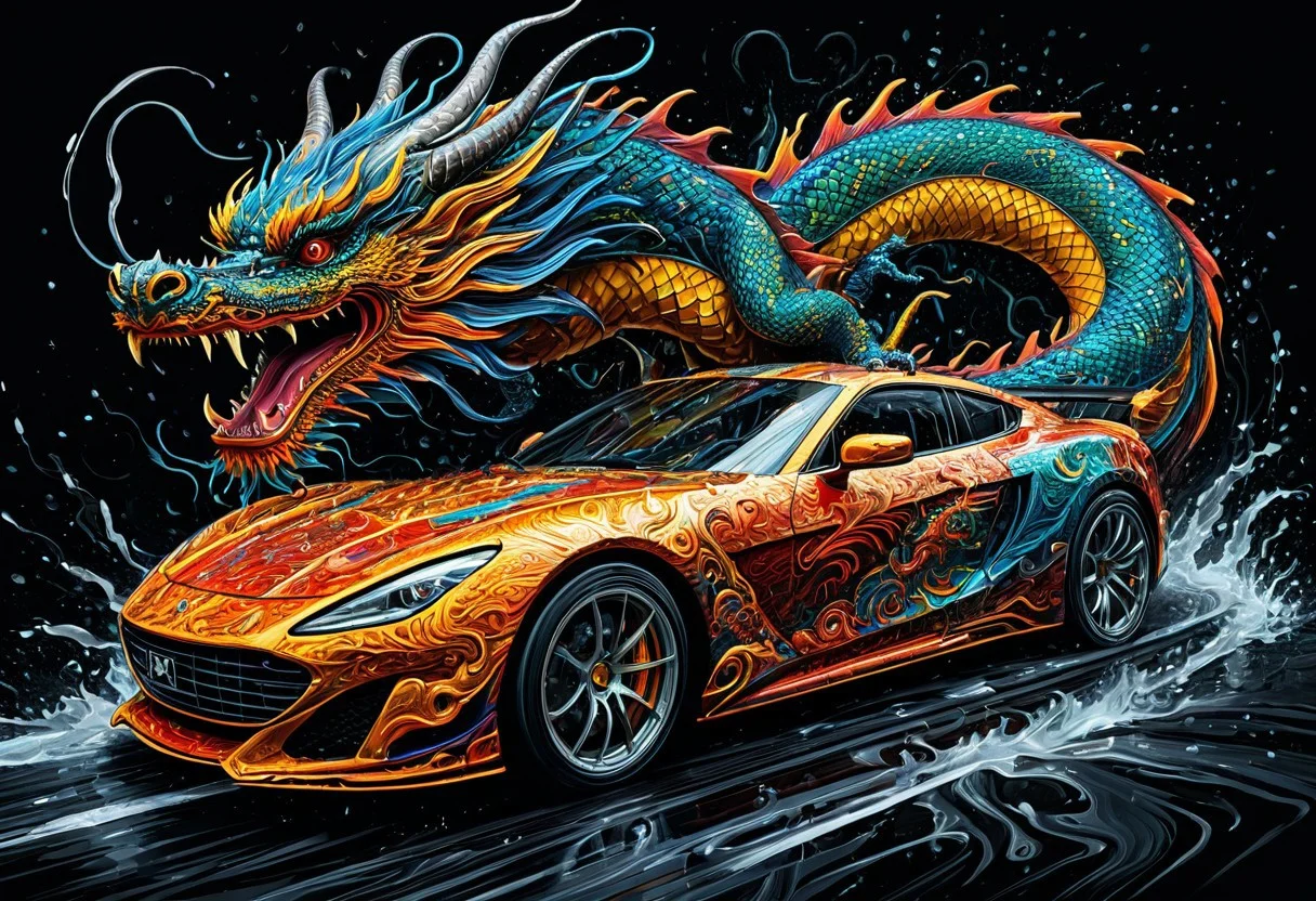 Finely detailed vector illustration, classical sports car, chinese dragon, symbiosis, ultra realistic quality, interwoven pattern, black background, hyperdetailed, intricately detailed, triadic colors,fantastical,intricate detail,splash screen,complementary colors, fantasy concept art, 8k resolution, masterpiece, oil painting, thick strokes, rich strokes, running drops,