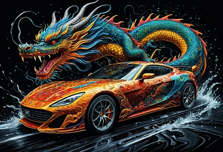 Finely detailed vector illustration, classical sports car, chinese dragon, symbiosis, ultra realistic quality, interwoven pattern, black background, hyperdetailed, intricately detailed, triadic colors,fantastical,intricate detail,splash screen,complementary colors, fantasy concept art, 8k resolution, masterpiece, oil painting, thick strokes, rich strokes, running drops,