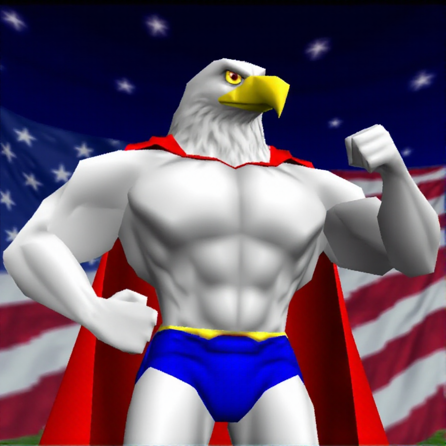 N64style, eagle superhero with united states flag cape, white feather body, white skin, flexing muscles. starry background, flat lighting, low resolution, crt scanlines, low poly  <lora:N64_Game_Style_F1DFULL:1.4>