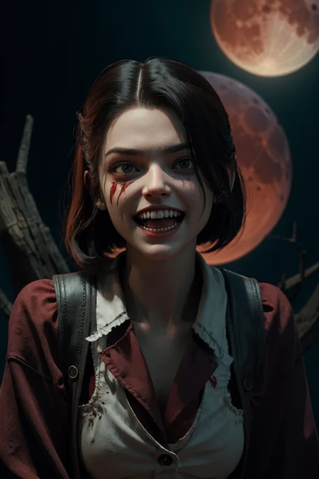scary vampire nurse. blood moon. volumetric light. pointy teeth. bloody face. overalldetail-detail_++_-_overall_detail , <lora:hipoly_3dcg_v7-epoch:0.7>