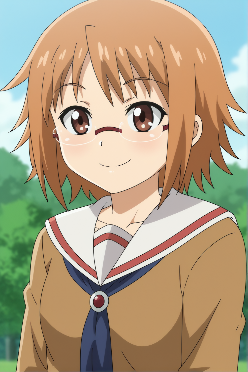 <lora:Peter_Grill_to_Kenja_no_JikanV2:0.8>, Mitchy Peligrima, 1girl, solo, upper body, smile, outdoors, school uniform, glasses