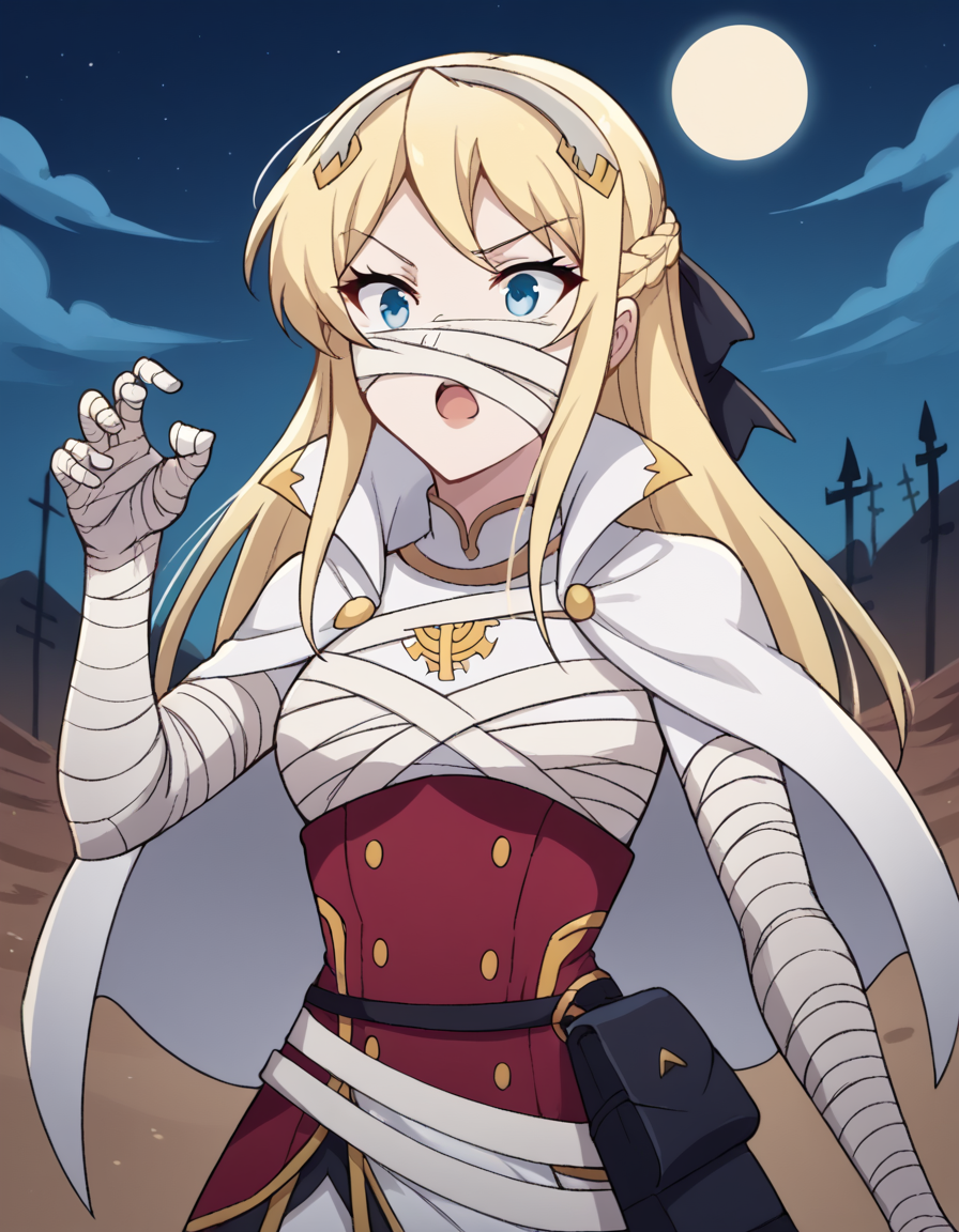 score_9, score_8_up, score_7_up, source_anime, <lora:hildegard-minas-lestia-s2-ponyxl-lora-nochekaiser:1>, hildegard minas lestia, long hair, blue eyes, blonde hair, braid, french braid,, <lora:mummy-costume-ponyxl-lora-nochekaiser:1>, mummy costume, bandages, halloween costume, bandaged arm, zombie pose, bandage on face,, desert, moon, night, open mouth, , dutch angle, cowboy shot