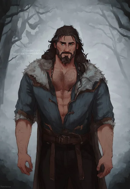 (score_9, score_8_up:1.1), score_7_up, waist-up portrait, masterpiece, semirealistic,
...
fantasy style, Viking Style, Norse, Nordic, ... 1man, human, adult, mature, (mid-40s), druid, muscular male, male focus, solo, (IfanBM, mature male, tan skin, Miguel_Ohara, bara), ((aquiline nose, broken nose, Nose bridge, Hooked nose)), (freckled face), (tanned skin), ((long hair, dark-brown hair with grey streaks, wavy hair, back-length hair)), (((grey streaks in hair))), ((short beard, grey streaks)), (greying), (aging), (bright green eyes), (broad shoulders, wide torso), (tall, toned), (daddy vibes, bara), (hairy chest, hairy forearms), (Viking Style, fantasy style, Dark Navy Blue Viking Robe, Bronze Trim, Sleeves Rolled-Up to Elbows, Black Pants), Belt, Pants, ... (Magical Forest Background, detailed background, artistic and intricate background), (3-frame sketch), raw lighting, overexposed, harsh flash, volumetric lighting, cinematic lighting, aesthetic design, dramatic angle, dramatic framing, cinematic framing, posing at an angle, dynamic pose
...
(Magical Forest Background, detailed background, artistic and intricate background)
...
<lora:add-detail-xl:1.5>,