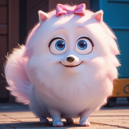 score_9, score_8_up, score_8, score_7, source_cartoon, Gidget(TSLoP), Solo, 1girl, feral, dog, pomeranian, white fur, fluffy fur, blue eyes, fluffy tail, black nose, pink hair bow, full body, looking at viewer, standing, smile, looking at viewer,