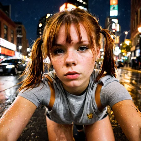 1girl luce doe, A 23-year-old flame-haired woman leans over the viewer in a fisheye-lens photo titled "Streetpunk Sexy," depicting her on a rainy city street at night. The shot, captured from afar, shows her damp figure and detached expression amidst the urban ambiance, with perspiration and dampness alluding to the city's humid climate. With disheveled hair styled in pigtails and striking a candid pose with a tilted head, the image, taken with a Canon EOS 5D Mark III, highlights her natural skin texture, even subtly showcasing acne, in hyperrealistic detail under soft yet crisp lighting. The focus lies on her against a backdrop of calming, subdued hues and bold contrast, crafting a dark yet captivating and immersive nocturnal scene.