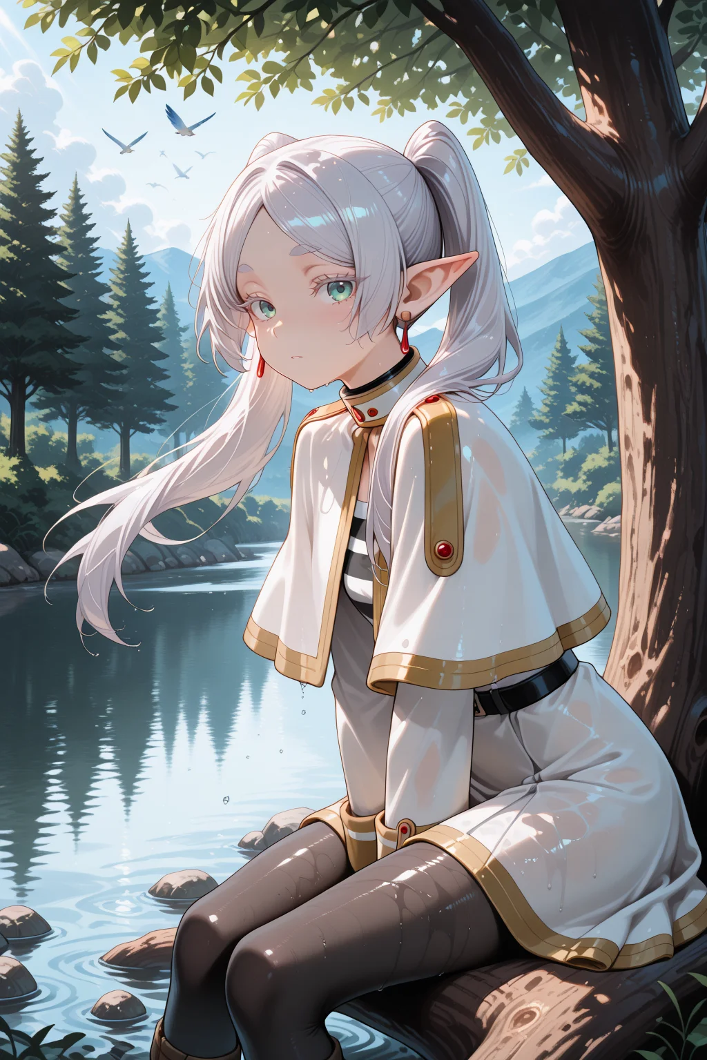 lazympos, (ultra detailed, very aesthetic, anime realism, 8K, 4K, 16K), adult, 1woman, frieren, solo, green eyes, outdoors, elf, tree, long hair, white capelet, twintails, pointy ears, pantyhose, colored eyelashes, looking at viewer, lake, water, wet, floating hair, bird, nature, scenery, tree shade, dappled sunlight, sitting in the dark shade of a tree, dark, high contrast, light beam, close-up, masterpiece, best quality, very awa, absurdres