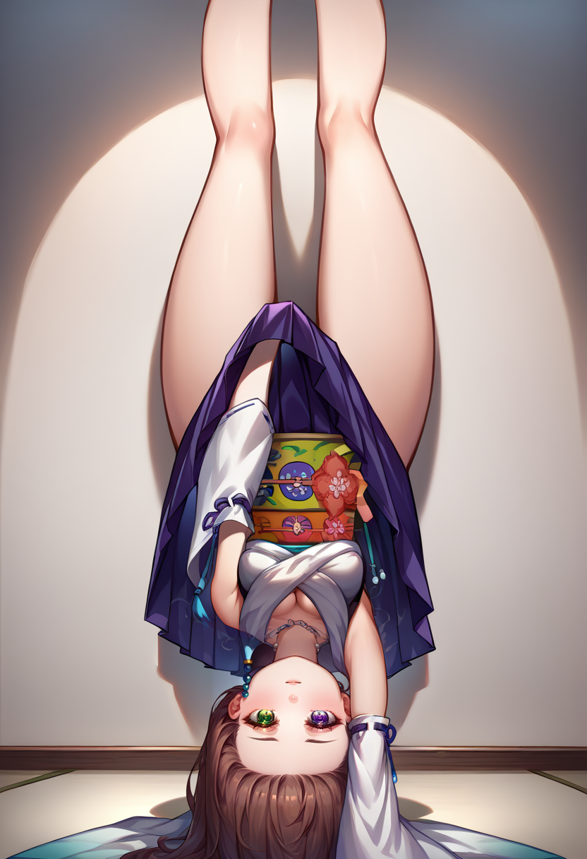 score_9, score_8_up, source_anime, 1girl, solo, LycorisChallenge, one arm handstand, upside-down, covering crotch, <lora:ChamLycorisChallengePonyXL-000006:1>, YunaX, brown hair, heterochromia, detached sleeves, japanese clothes, sash, obi, hakama skirt, purple hakama, <lora:YunaX_XLPD:1.0>