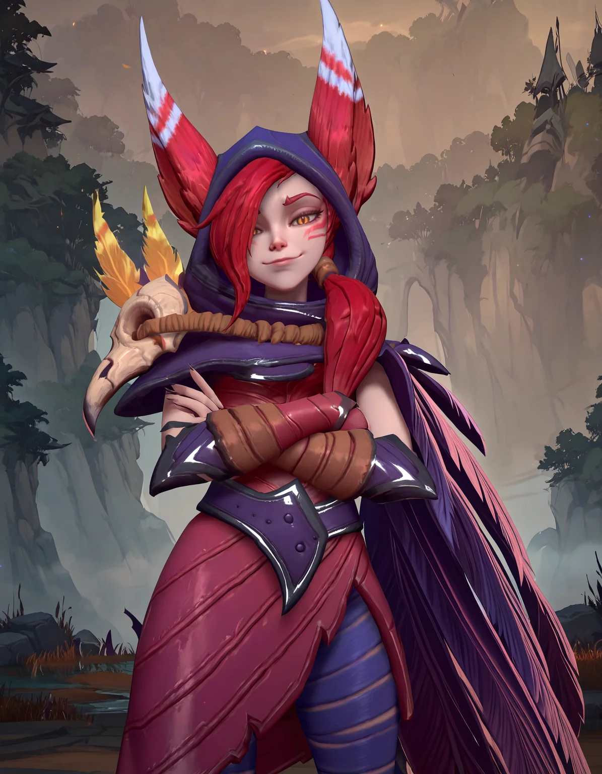 <lora:OMS_Xayah:1> 2d, anime screencap, 1girl, solo, slim, xayah_lol_wr, eyebrows, cheek marks, slit eyes, yellow eyes, red hair, long hair, bangs, hair over one eye, animal ears, ears through headwear, medium breasts, hood up, hood, feathers cloak, red dress, belt, bird skull, yellow feather on bird skull, red skirt, gauntlets, bandage pants, monster bird feet,
looking at viewer, smug,
amazing quality,very aesthetic,absurdres,newest,
indoors, bedroom, white bedsheets,
outdoors, forest, nighttime, cowboy shot, crossed arms,