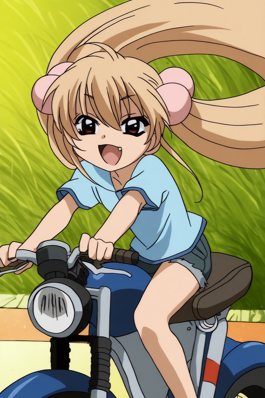 masterpiece, ultra detailed background, 1girl, Kokonoe Rin, happy, riding motorcycle <lora:Kodomo_no_Jikan-Kokonoe_Rin-Illustrious_XL adafactor:0.8>