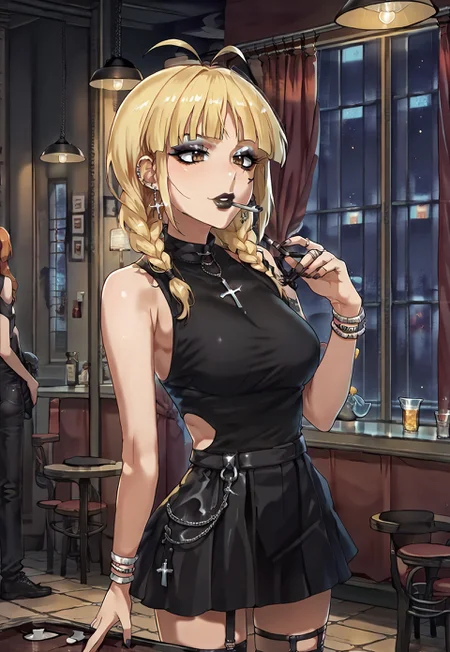 safe_pos, Score_9,score_8_up,score_7_up,score_6_up,source_anime,detail,1girl,solo,neon glow,BREAK
GothicC, makeup, lipstick, mascara, black nails, tattoo, black lips, wide lips, BREAK
akzkrtk,long hair, (blonde hair),(twin braid,bangs:1.1), antenna hair,((no glasses)),brown eyes, BREAK
(the whole body is sweaty:1.2), (steam on the body),((jet-black skin)), BREAK
(indoors:1.1),(night:1.4),(cowboy shot:1.2), Dutch Angle Shot, (dynamic angle:1.2), (dynamic pose:1.2), face focus, eyes focus, (sitting, beside Bar counter,), smoking, BREAK
ruanyi0729,indoors,bar \(place\), BREAK
ruanyi1005,backless dress,black dress,sleeveless,turtleneck,short dress,tight dress,cross-laced clothes, BREAK
Expressiveh,horny face,((seduce)),seduce smile, mouth close, BREAK
OverallDetail,Frontlight,