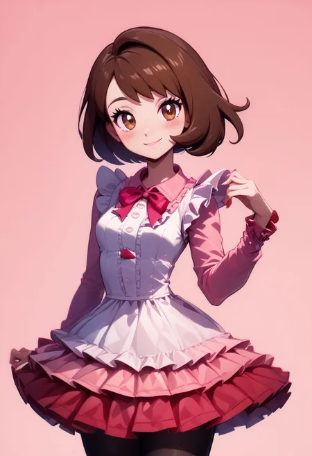 score_9, score_8_up, score_8, medium breasts, (curvy), cute, eyelashes,     
BREAK,
gloria (pokemon), brown eyes, brown hair, 
BREAK,
 closed mouth, alternate costume, smile, nail polish, looking at viewer, hand up, blush, 
zzLFashion, frilled dress, frills, bow, dress, pantyhose,
zPDXL,