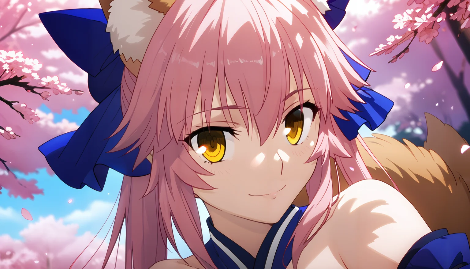 (score_9,score_8_up,score_7_up),
anime screenshot, by ufotable,
fate \(series\), fate/unlimited blade works,
solo, solo focus,
sunlight, dappled sunlight, light particles, cherry blossoms, scenery,
<lora:ufotable_lora_pony:1>
BREAK
tamamo, animal ear fluff, animal ears, fox ears, fox tail, hair ribbon, pink hair, tail, yellow eyes, large breasts,
bare shoulders, blue kimono, blue ribbon, blue thighhighs, collarbone, detached sleeves, japanese clothes, kimono, strapless,
close-up, portrait,
looking at viewer, light smile,
dutch angle,
<lora:tamamo-no-mae-ponyxl-lora-nochekaiser:1>