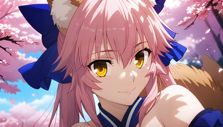 (score_9,score_8_up,score_7_up),
anime screenshot, by ufotable,
fate \(series\), fate/unlimited blade works,
solo, solo focus,
sunlight, dappled sunlight, light particles, cherry blossoms, scenery,
<lora:ufotable_lora_pony:1>
BREAK
tamamo, animal ear fluff, animal ears, fox ears, fox tail, hair ribbon, pink hair, tail, yellow eyes, large breasts,
bare shoulders, blue kimono, blue ribbon, blue thighhighs, collarbone, detached sleeves, japanese clothes, kimono, strapless,
close-up, portrait,
looking at viewer, light smile,
dutch angle,
<lora:tamamo-no-mae-ponyxl-lora-nochekaiser:1>
