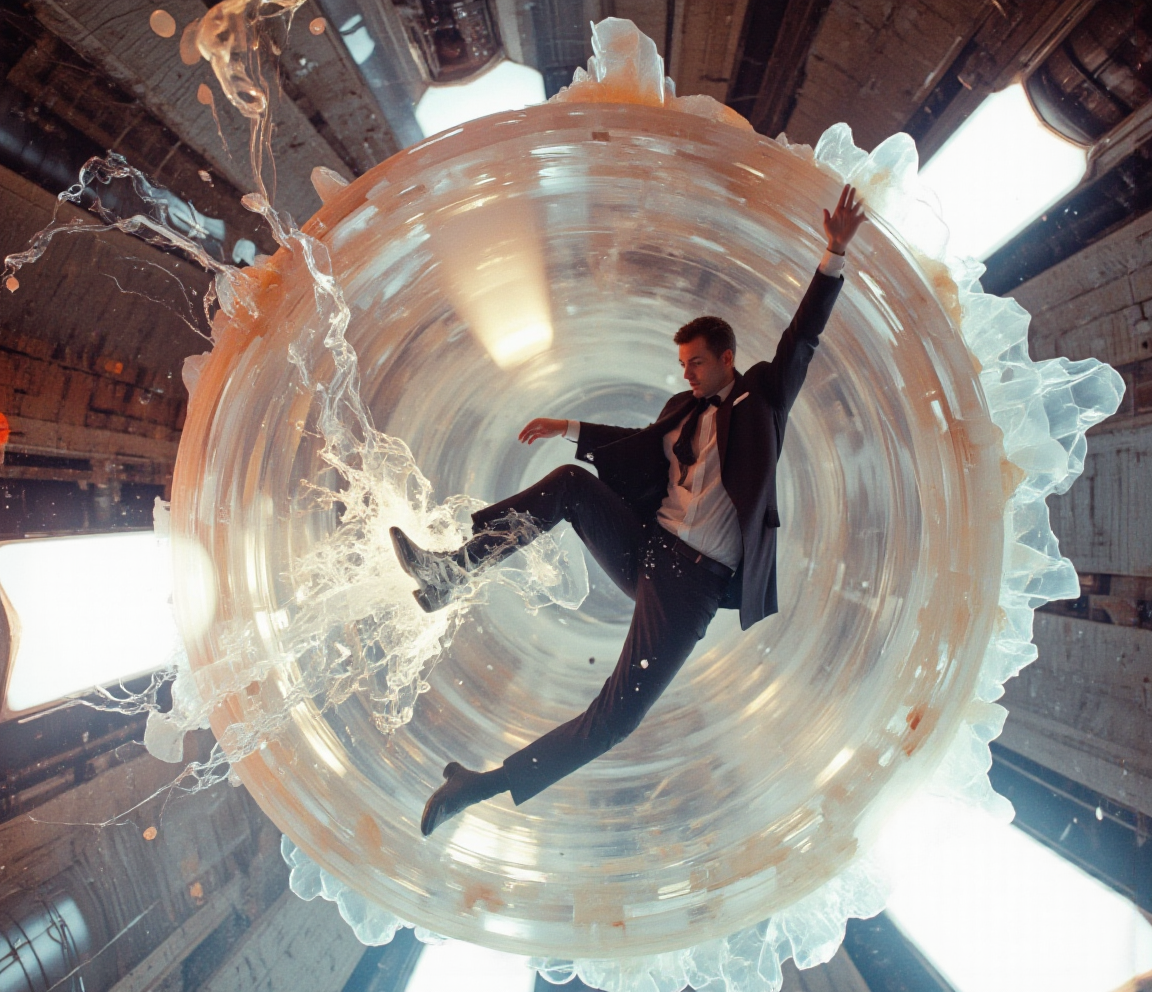 <lora:lora-DuoTone, Bleaked White_trained:0.8> DuoTone, Bleaked White."A man in a tailored suit leaps into a colossal crystalline structure, his body vaporizing into luminous fragments as swirling energy consumes himâsoft pastel hues and retro sci-fi glow merging the old world with the unknown."