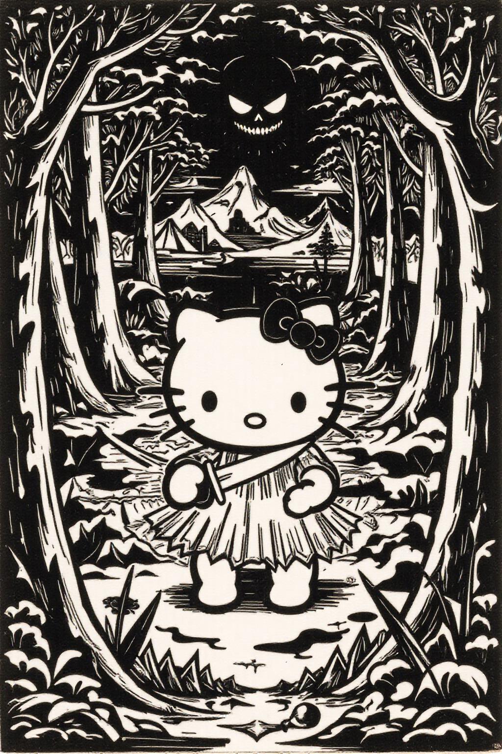 k1ooster black and white drawing of Hello Kitty in the middle of the forest holding a knife, the atmosphere and the character looks scary, Hello Kitty is hidden by the shadows. <lora:Flux-Sch-SingleBlocks-BF16:1.0> <lora:Klooster.Noborder.5Cos.D8A4.R20E10:1.0><lora:796086701291444209:0>