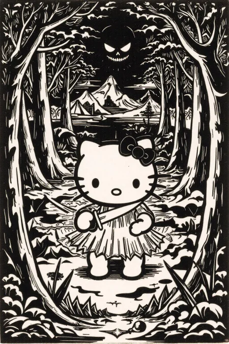 k1ooster black and white drawing of Hello Kitty in the middle of the forest holding a knife, the atmosphere and the character looks scary, Hello Kitty is hidden by the shadows. <lora:Flux-Sch-SingleBlocks-BF16:1.0> <lora:Klooster.Noborder.5Cos.D8A4.R20E10:1.0><lora:796086701291444209:0>