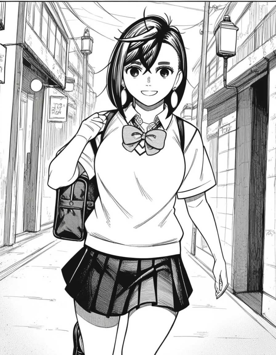 score_9, score_8_up, score_7_up, source_anime, <lora:momo-ayase-manga-ponyxl-lora-nochekaiser:1>, momo ayase, short hair, bangs, thick eyebrows, monochrome, greyscale, medium breasts,, skirt, school uniform, pleated skirt, shoes, socks, loafers, sweater vest, shirt, white shirt, collared shirt, earrings,, city street, evening, streetlights, walking dog, quiet neighborhood, gentle breeze, smile, from below, looking at viewer, solo,, dutch angle, cowboy shot