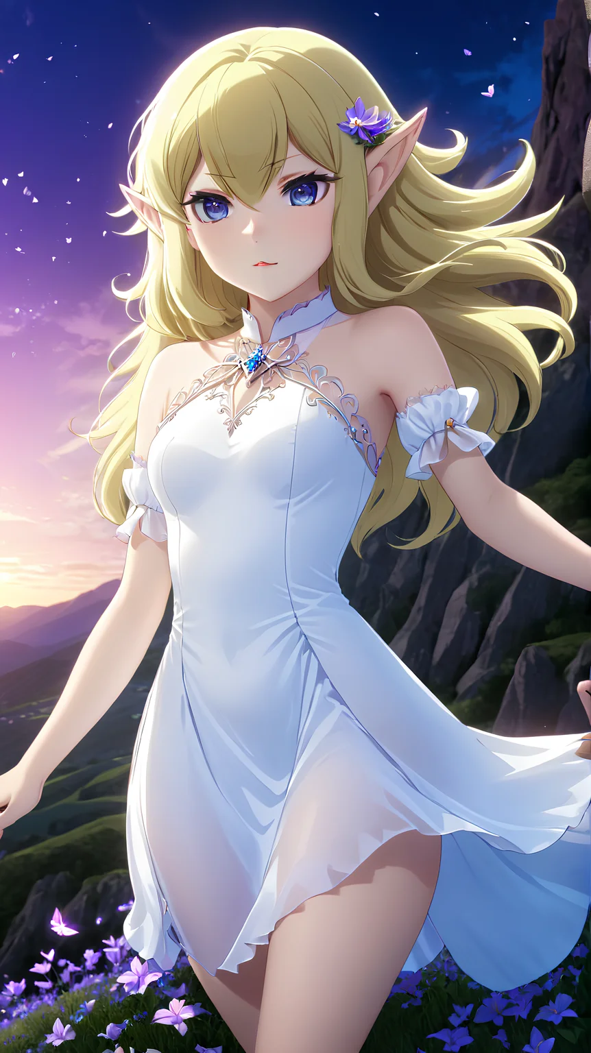 <lora:Ryu_Lion:1> <lora:Anime Enhancer XL V2:1>
1girl, RyuLion, RyuLion has dark blue eyes, RyuLion has blonde hair, RyuLion is an elf, 
RyuLion wearing a white transparent dress,
3D anime art, young woman on a hill covered in luminescent purple flowers, wind blowing through her hair, petals floating around, magical twilight setting, intricate details, glowing elements, vibrant and serene, high resolution