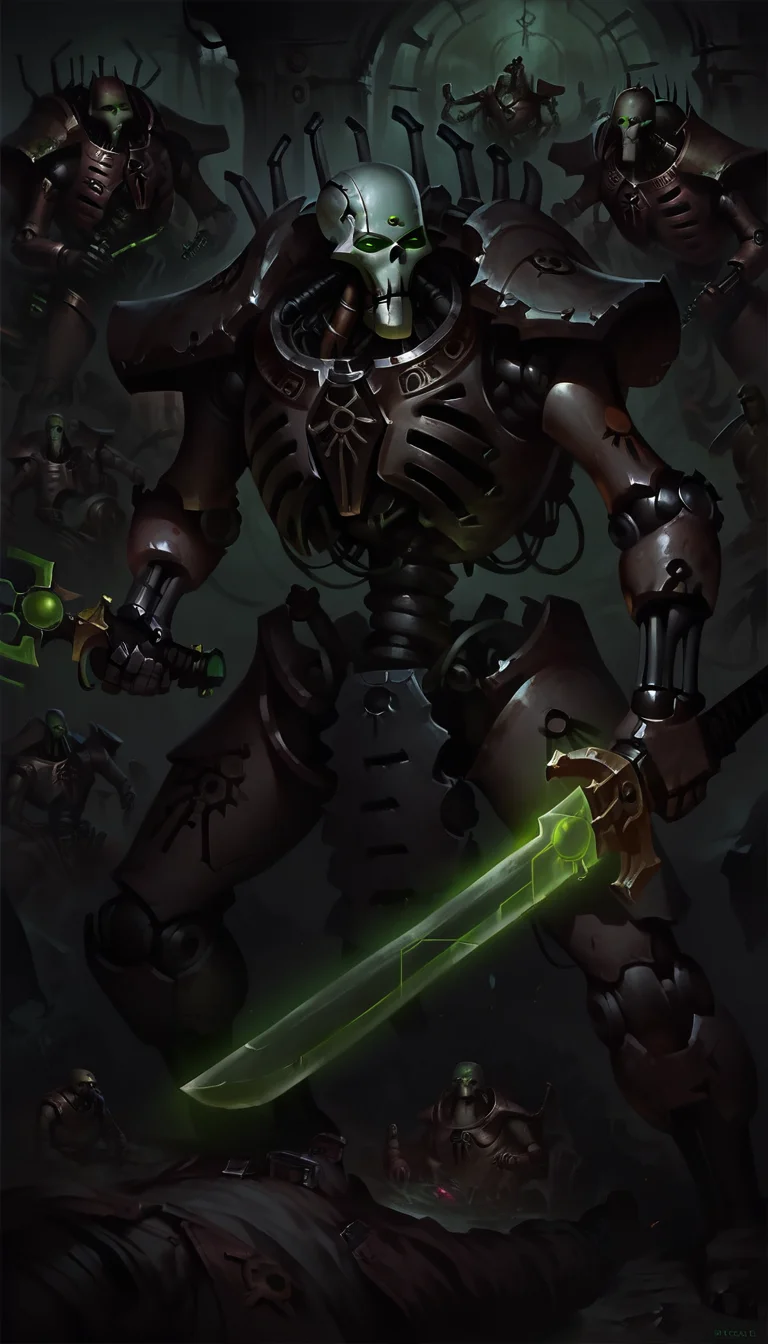 score_9, score_8_up, score_7_up, necron, robot, green energy, wh40k holding sword, black armor, science fiction, mecha,
from above,
<lora:Necron_race_WH40K:1>
<lora:Concept Art DarkSide Style LoRA_Pony XL v6:1> concept art, realistic, dark theme, low light,