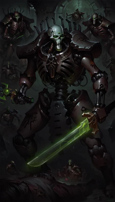 score_9, score_8_up, score_7_up, necron, robot, green energy, wh40k holding sword, black armor, science fiction, mecha, 
from above,
 <lora:Necron_race_WH40K:1> 
 <lora:Concept Art DarkSide Style LoRA_Pony XL v6:1> concept art, realistic, dark theme, low light,