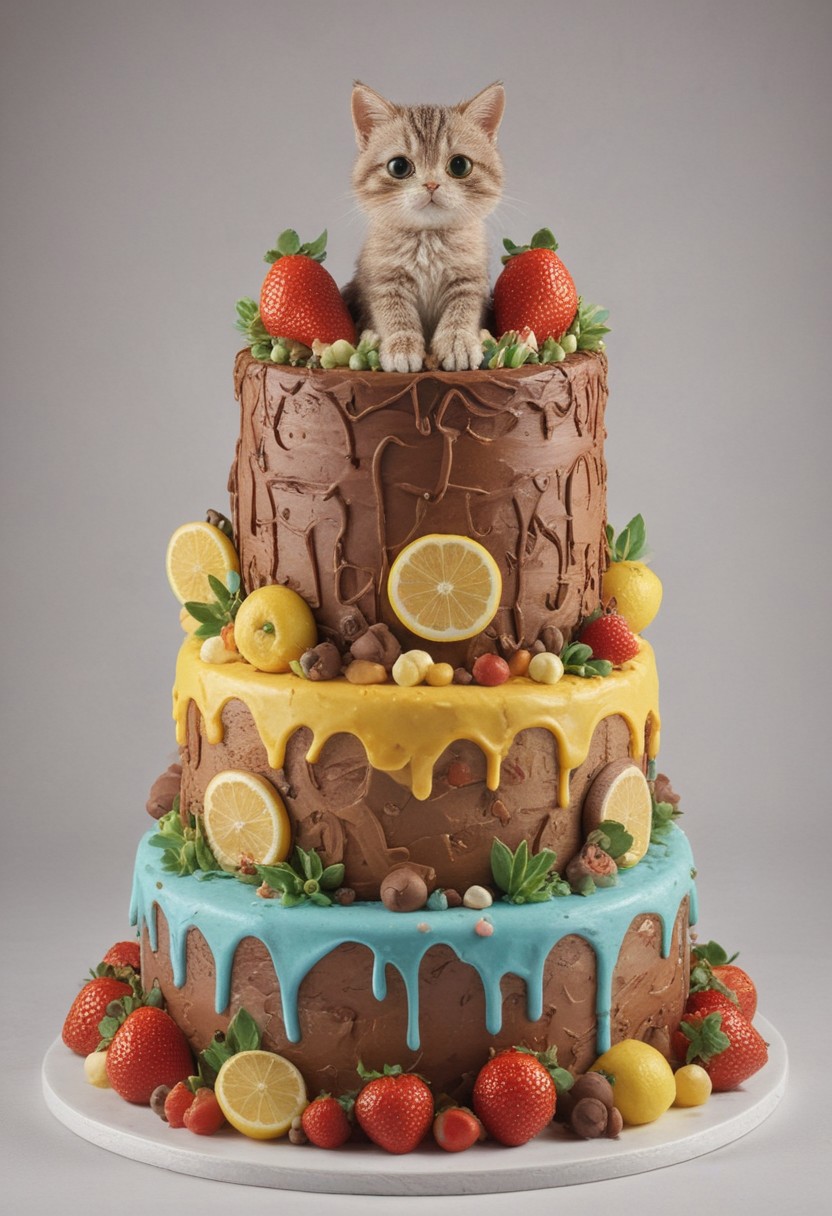 Masterpiece, unique background, dynamic shot, hyper-maximalist, detailed, detailxl, smooth 3D cartoon style, a vibrant colorful cake for kids that mimics a landscape made of (ais-lmnsgr; milk; chocolate; lemon; sugar; strawberries;), it has river, sun, trees, mountains. BREAK (There's a cute little cat sitting over the cake with large expressive eyes; detailed fluffy fur; cute little paws, and fluffy tail.)