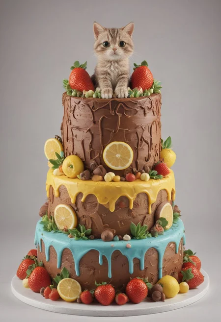 Masterpiece, unique background, dynamic shot, hyper-maximalist, detailed, detailxl, smooth 3D cartoon style, a vibrant colorful cake for kids that mimics a landscape made of (ais-lmnsgr; milk; chocolate; lemon; sugar; strawberries;), it has river, sun, trees, mountains. BREAK (There's a cute little cat sitting over the cake with large expressive eyes; detailed fluffy fur; cute little paws, and fluffy tail.)