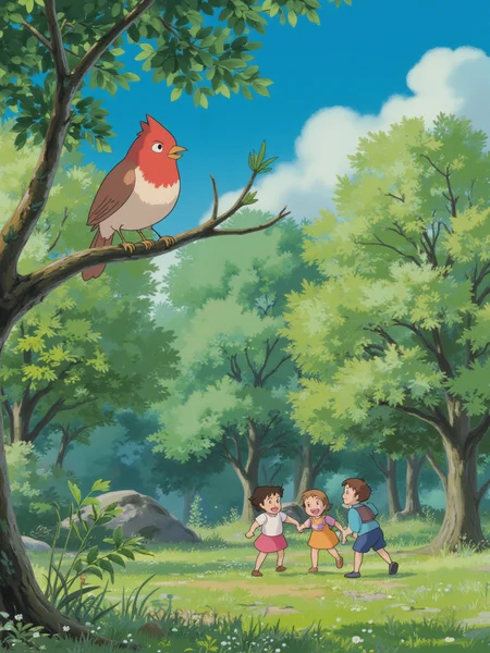 A tiny bird with bright red feathers and a mischievous look in its eyes is perched on a branch, watching a small group of children playing below. The springtime forest is alive with the sound of laughter and the rustling of leaves. The light is soft, and the sky is a clear blue, with only a few fluffy clouds drifting by.