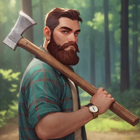 score_9, score_8_up, score_7_up, 1boy, rugged look, beard, facial hair, mustache, wrist watch, flannel shirt, looking at viewer, holding axe, lumberjack,
portrait,
outdoors, forest, detailed environment,