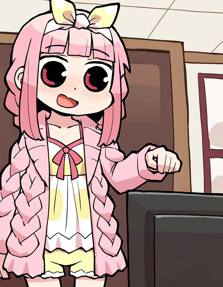 masterpiece, best quality, newest, absurdres, highres, safe, 1girl, tamaki iroha \(roomwear costume\), magia record: mahou shoujo madoka magica gaiden, papa \(shimeguru\), nightgown, yellow shorts, pink coat, solo, indoors, dutch angle, <lora:tamaki_iroha_noobaiXLNAIXL_vPred10Version:0.7>