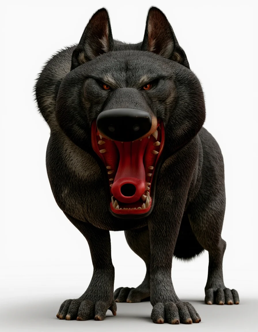 Art by Jean-Baptiste Vendamme. A 3d rendering, digital illustration shoot from a frontal camera angle about a stylized, stylized wolf character with a menacing expression. on the middle of the image, a full body shot of a wolf, standing, full body, facing the viewer, showing its full body. the wolf appears to be a medium-sized male, with a muscular build, sharp teeth, and a long, flowing tail. it has a black, textured coat with a textured surface, and its eyes are yellow with a hint of mischief. its mouth is open, revealing its sharp, red tongue, which is curled upwards, giving it a menacing look. its ears are perked up and its tail is curled around its body, adding to its intimidating appearance. it is standing on all fours, with its front legs slightly apart, giving the impression that it is walking forward. the background is plain white, making the wolf stand out even more prominently in the image.