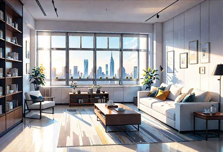 ((front view)), Shallow scene, ((animation style)), modern-style interior, with white walls, (large windows), a  study, Sofa, coffee table, bookcase, single wall, 
warm light morning sun, ((City high-rise building scenery)), (clear sky)