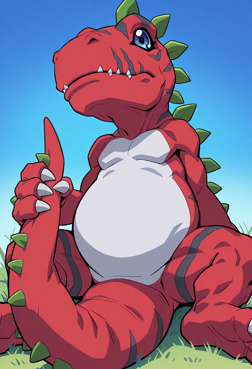 (source_anime, score_9, score_8_up, score_7_up:1),masterpiece,best quality,amazing quality, ultra high detail, good anatomy, perfect anatomy, anatomically correct hands, ultra detailed face, solo, , handsome, male only, Tyrannomon, Tyranomon, Digimon, Digital, Monster, red body, green spines, blue eyes, white belly on just tyrannomon, feral, buff, male only, sitting, tail in view, playing with own tail