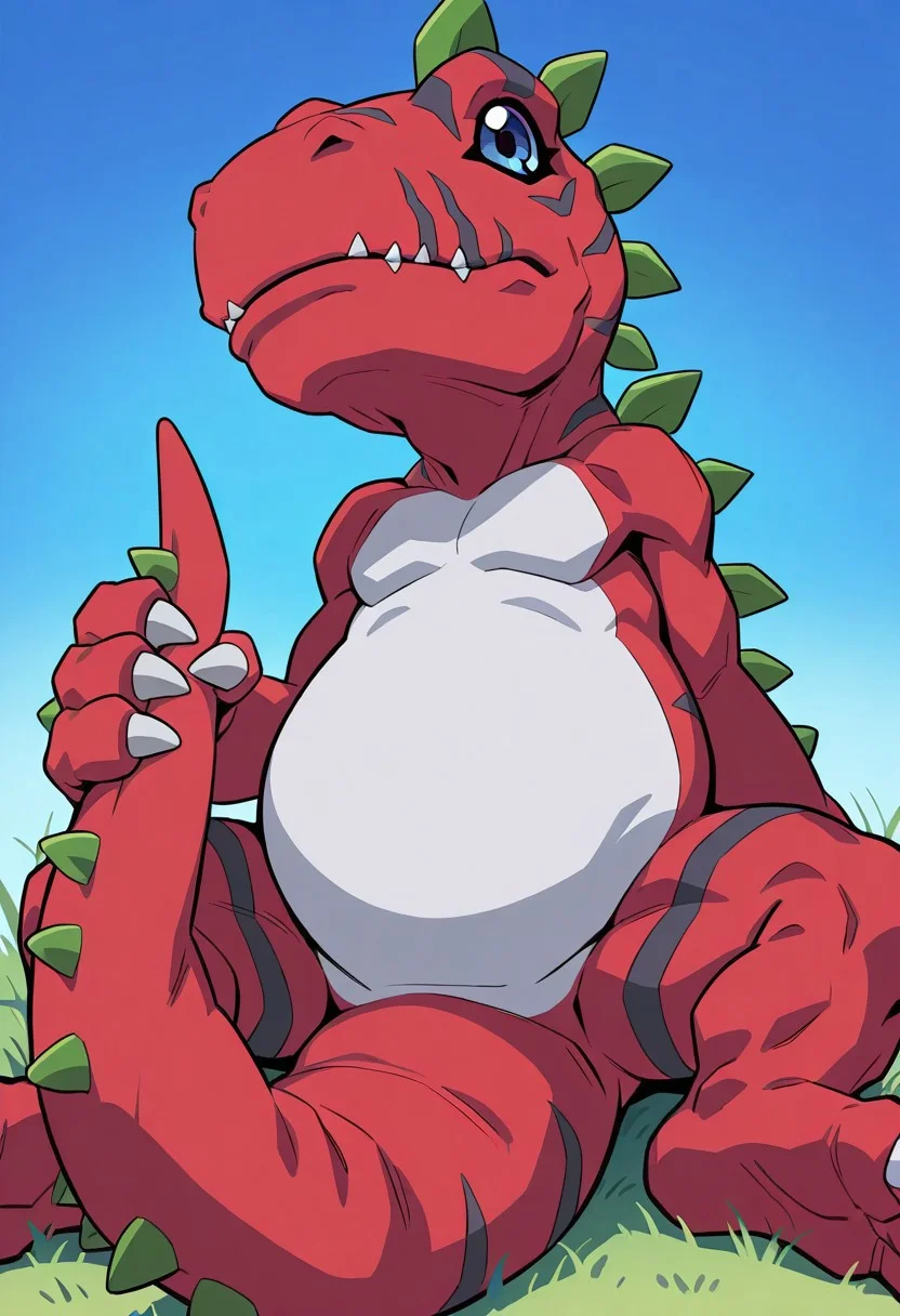 (source_anime, score_9, score_8_up, score_7_up:1),masterpiece,best quality,amazing quality, ultra high detail, good anatomy, perfect anatomy, anatomically correct hands, ultra detailed face, solo, , handsome, male only, Tyrannomon, Tyranomon, Digimon, Digital, Monster, red body, green spines, blue eyes, white belly on just tyrannomon, feral, buff, male only, sitting, tail in view, playing with own tail